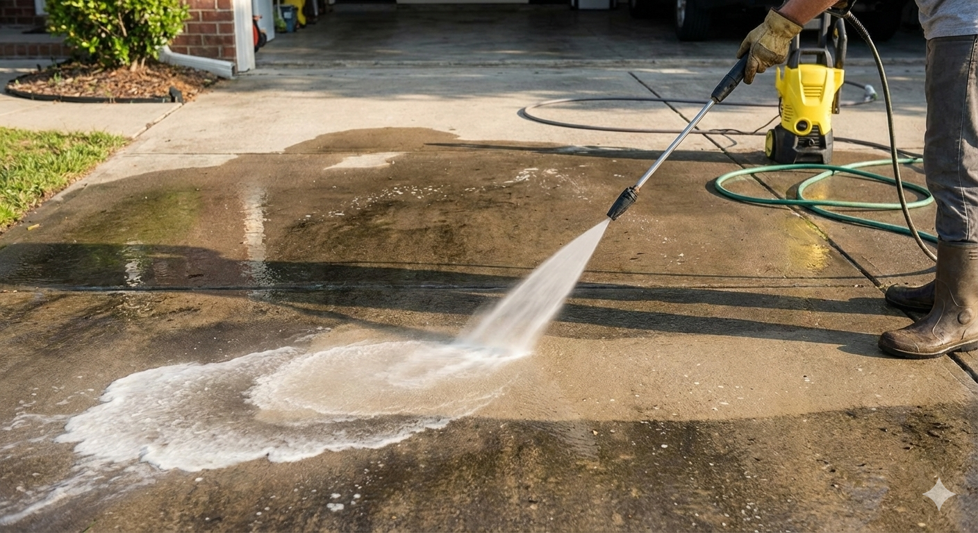 Professional driveway & concrete washing service in action